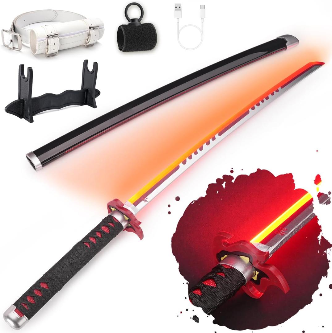 RENGENG Light Up Sword, 40 Inches Rechargeable Plastic Replica with Belt & Stand, Sword with Original Texture (Firegod)