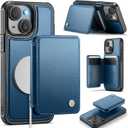 Compatible with Magsafe for iPhone 15 Plus Wallet Case Magnetic Card Holder, RFID Blocking 2 in 1 Detachable Kickstand Shockproof Case for Women Men, Blue