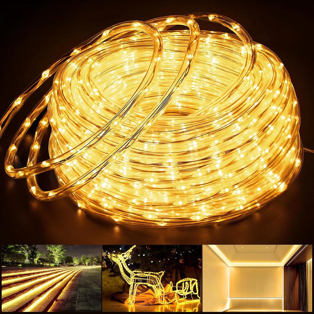OMIKA Connectable 66FT 800 LED Rope Lights Outdoor, Warm White Rope Light Plug in, Outdoor String Light Waterproof Decorative Lighting for Deck Patio Yard Garden Pathway Camping Room Indoor Decor