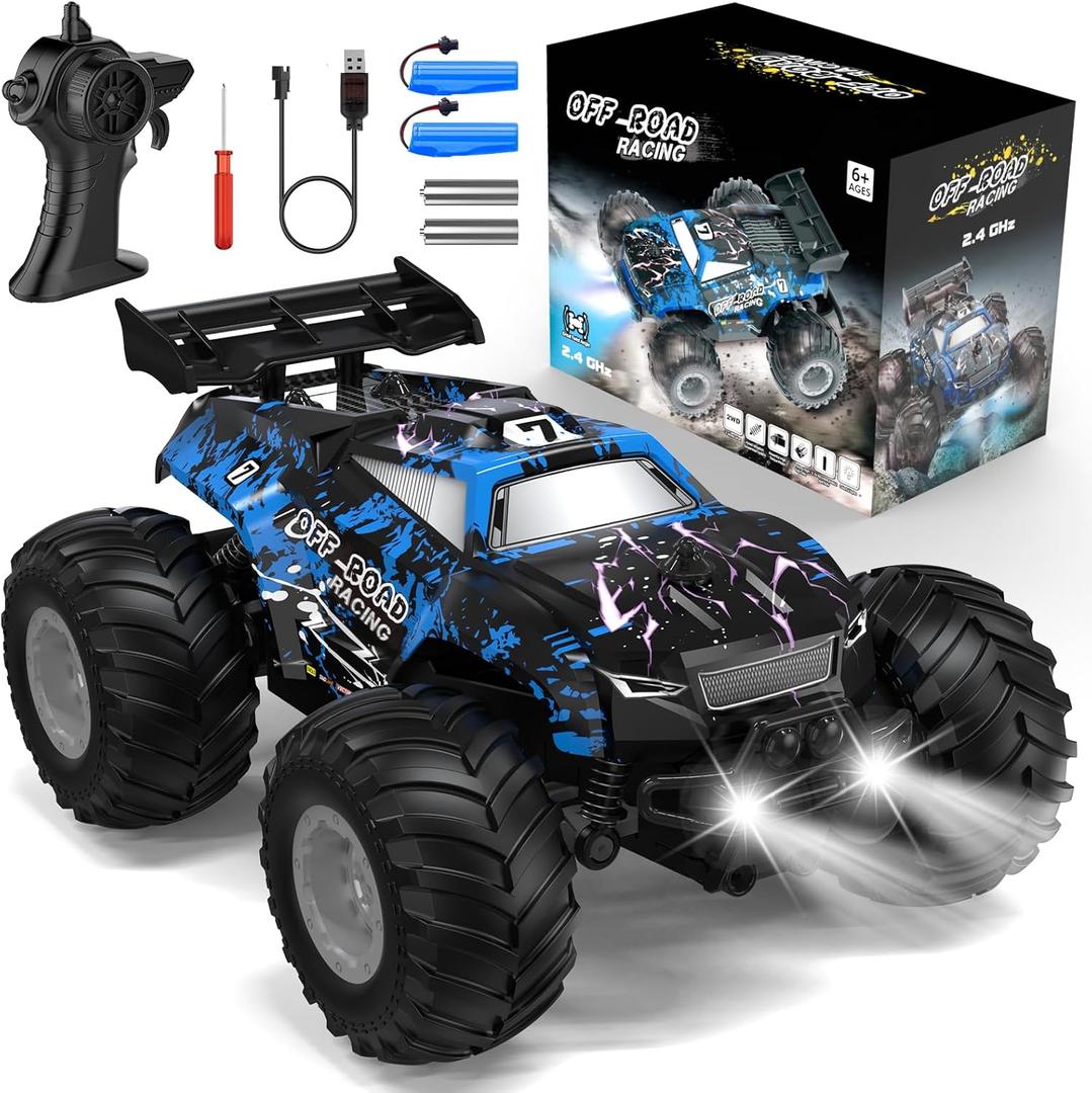 Remote Control Car, All-Terrain Remote Control Truck for Boys, Rechargeable Rc Truck with LED, 1:20, 10KM/H, 2 Motors, 2.4GHZ, Speed Friendly, Sturdy, Rc Cars for Christmas, Kids, Beginner (Blue)
