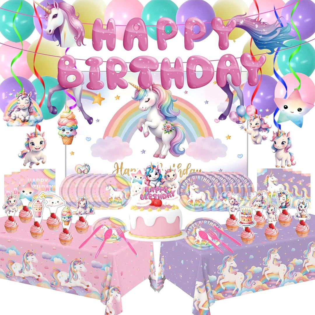 Unicorn Party Birthday Supplies - 220Pcs Unicorn Party Decorations Included Backdrop, Banner, Tablecloth, Hanging Swirls, Cupcake Toppers, Tableware, Paper Towel, Latex Balloons (BIG)
