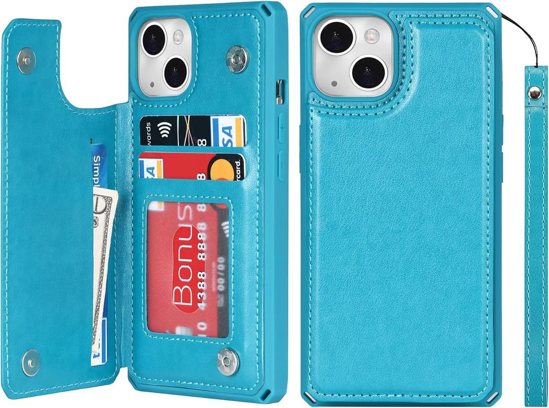 iCoverCase Compatible with iPhone 13 Wallet Phone Case with Card Holder for Women, RFID Blocking Embossed PU Leather Wrist Strap Case 6.1 Inch (Macaron Blue)