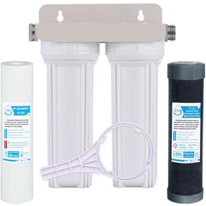 External RV Dual Water Filter System for Reducing Sediment, Dirt, Sand, Rust, Scale Particles & Chlorine Taste | 3/4" GHT 304 Adapter,Mounting Bracket and Two Filters Included