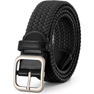 XZQTIVE Women Elastic Braided Belt with Silver Buckle, Woven Stretch Fabric (Fits Waist Size 25-36 inch, Black)