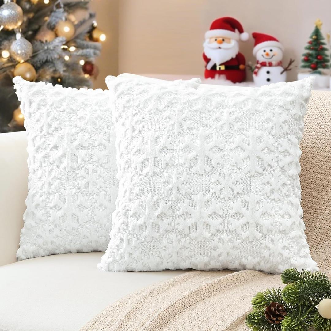 OTOSTAR Christmas White Snowflake Throw Pillow Covers 20x20 Inch Set of 2 Soft Plush Faux Fur Wool Pillowcases Winter Holiday Decorative Couch Cushion Covers for Home Bed Sofa Decor (White)