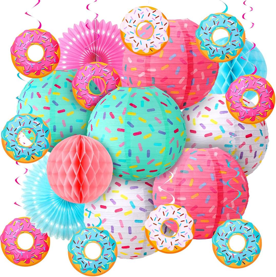 Hortsun 19 Pcs Donut Birthday Party Decorations Lanterns Hanging Donut Theme Decor Paper Lanterns Honeycomb Decorations Sweet One Birthday Party Supplies for Baby Shower Candy Ice Cream(Sweet Colors)