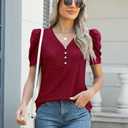 LOMON Womens Puff Short Sleeve Shirt Summer Tops V Neck Casual T Shirts Loose Fit Blouses (Red, S)