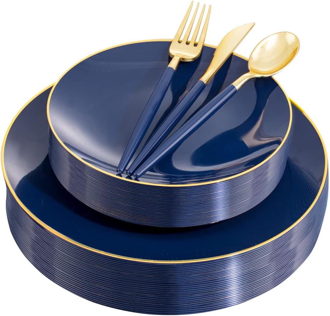 Liacere 150PCS Blue Plastic Plates - Gold Plastic Silverware with Blue Handle - Navy Disposable Plates Include 30 Guests Plates,Forks,Spoons,Knives for Wedding&Party&Back to School&Labor Day (Round)
