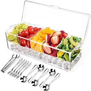 Condiment Tray with Stainless Steel 5 Spoons, 5 Forks and 1 Clip, Chilled Condiment Server, Condiment Server, Bar Garnish Holder on Ice, Bar Accessories Fruit and Salad with Removable Trays and Lid