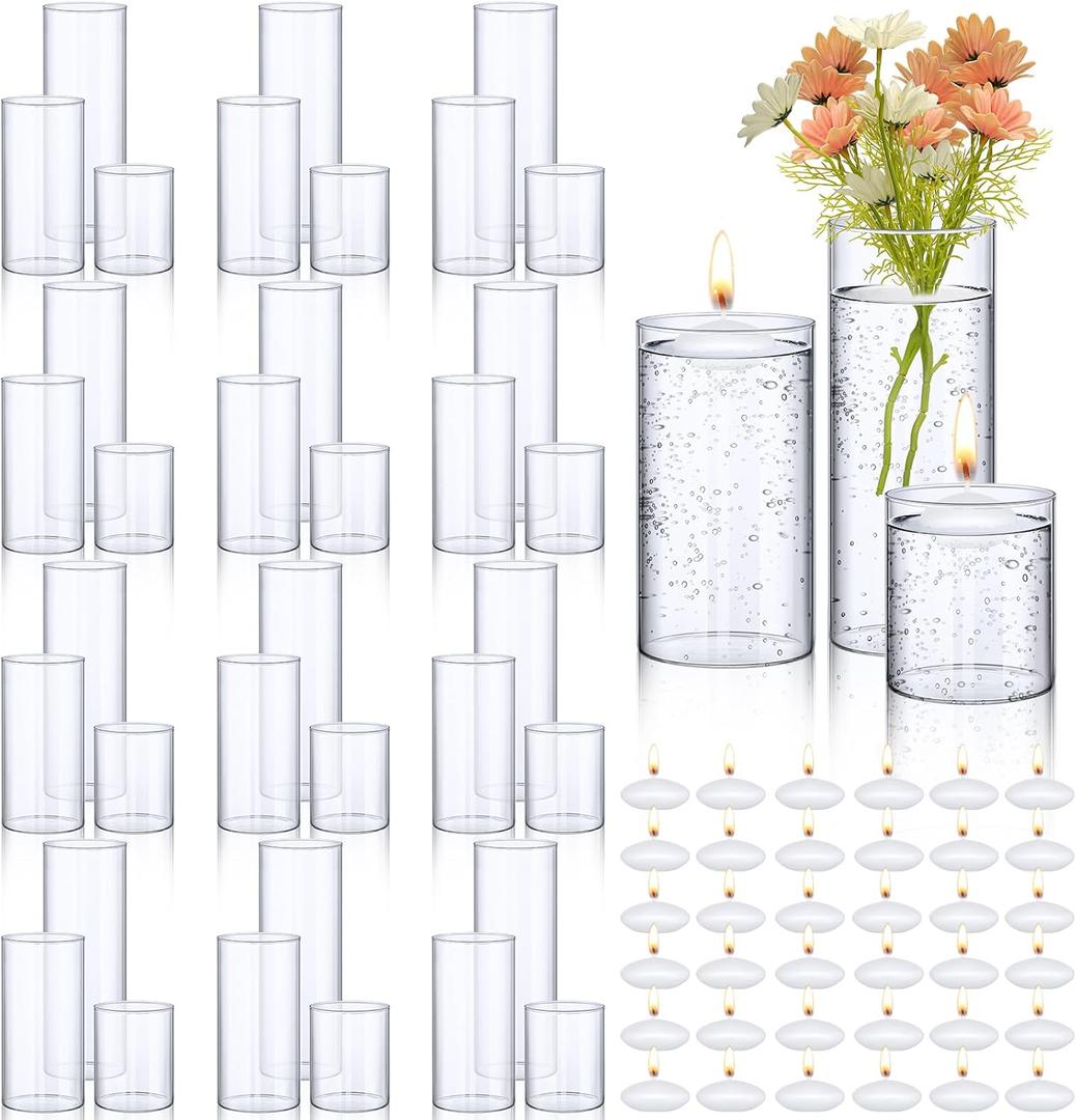 Yungyan 36 Pcs Clear Glass Cylinder Vase Floating Candles Set for Centerpieces Decorative Floating Candle Holder Tall Clear Flowers Vase for Table Party Event Wedding Home Decor (4/6/8 Inch Tall)