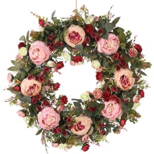 Spring & Summer Wreath, 24in Round, Red Silk & Grapevine, Door Mount, Seasonal Decorative
