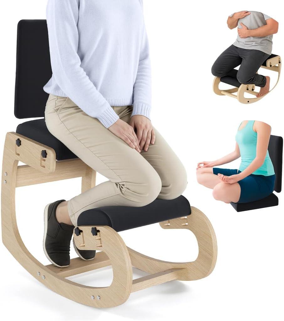 Mind Oasis Ergonomic Kneeling Chair with Back Support - Knee Chair Ergonomic for Office w/Upholstered Fabric - Adjustable Rocking Stationary Correcting Stool, Meditation Desk Stool for Better Posture