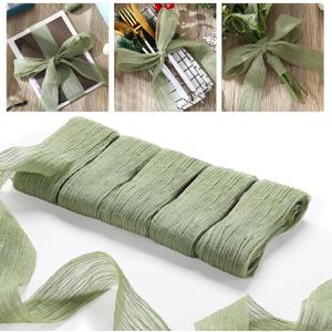 Waydress 5 Roll Sage Green Ribbon 15 yd 1-1/2 Inch Crinkle Chiffon Ribbon Handmade Tulle Fabric Silk for Christmas Decoration, Gift Wrapping, Wedding Invitations, Bridal Bouquets Wrapping