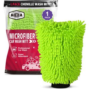 AIDEA Car Wash Mitt Microfiber, 1PK-Scratch-Free& Lint-Free, Premium Chenille Microfiber Mitt Car Wash Brush-Green Regular Size (7.12''X10.14'')