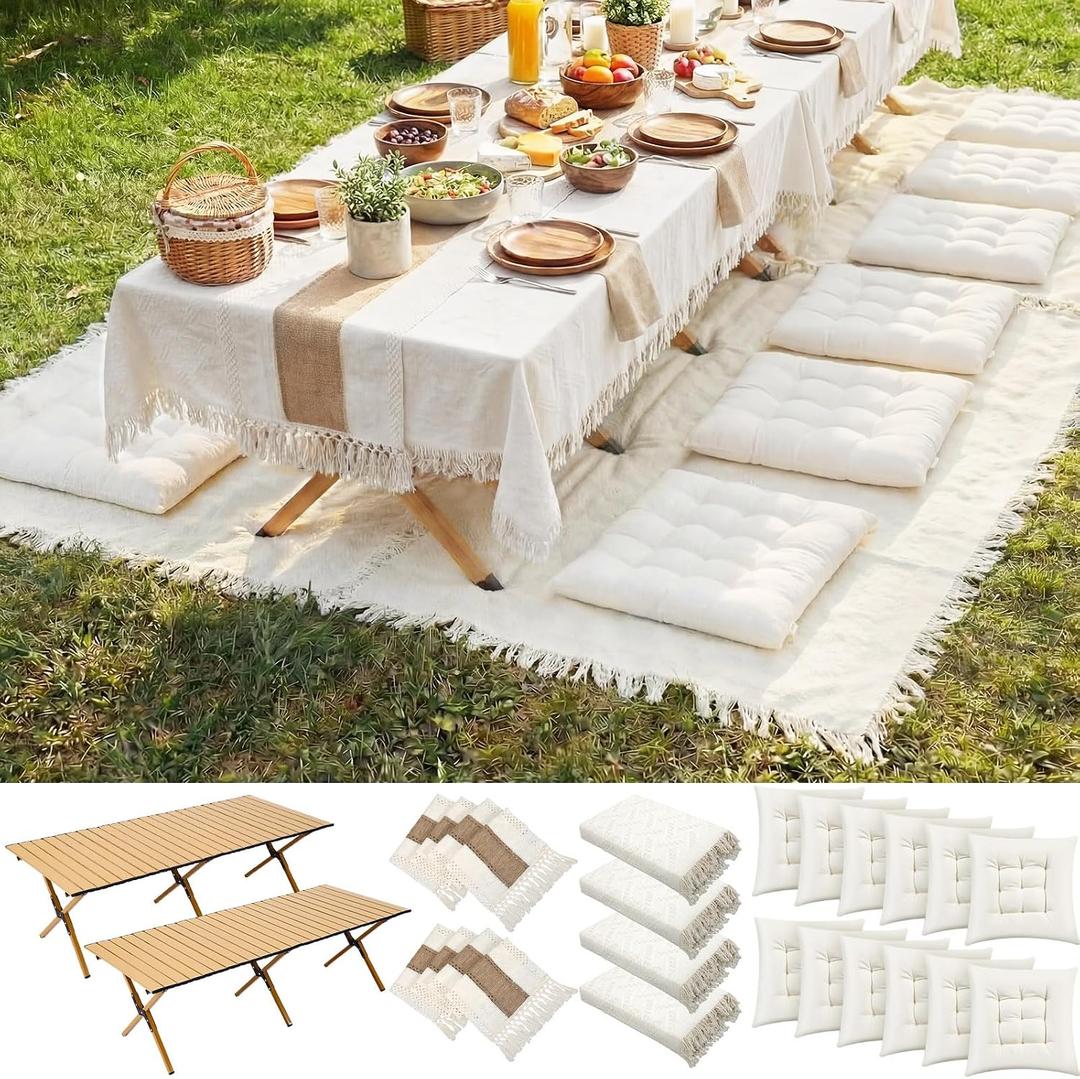 Novabright 20 Pcs Picnic Kit Folding Picnic Table 59'' x 20.5'' Large Outdoor Boho Blanket 91'' x 71'' Beige Table Runner 6 Floor Pillows Cushions Woven Cotton Oversize Washable for Camp Wedding, 70.87 x 90.55 inches