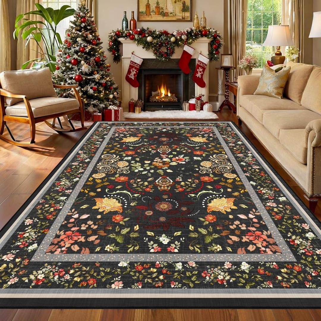 5x7 Black Grey Floral Washable Rugs for Living Room - Vintage Floral Rug for Bedroom Kids Room, Large Vintage Boho Home Decor Non Slip Carpet (Multi 36)