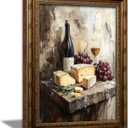 Vintage Gold Framed Canvas Wall Art Farmhouse Rustic Kitchen Painting Picture Wall Decor Retro Country Red Wine Bread Grape Poster Print Artwork for Dining Room living room Home Decoration, 24"L x 16"W