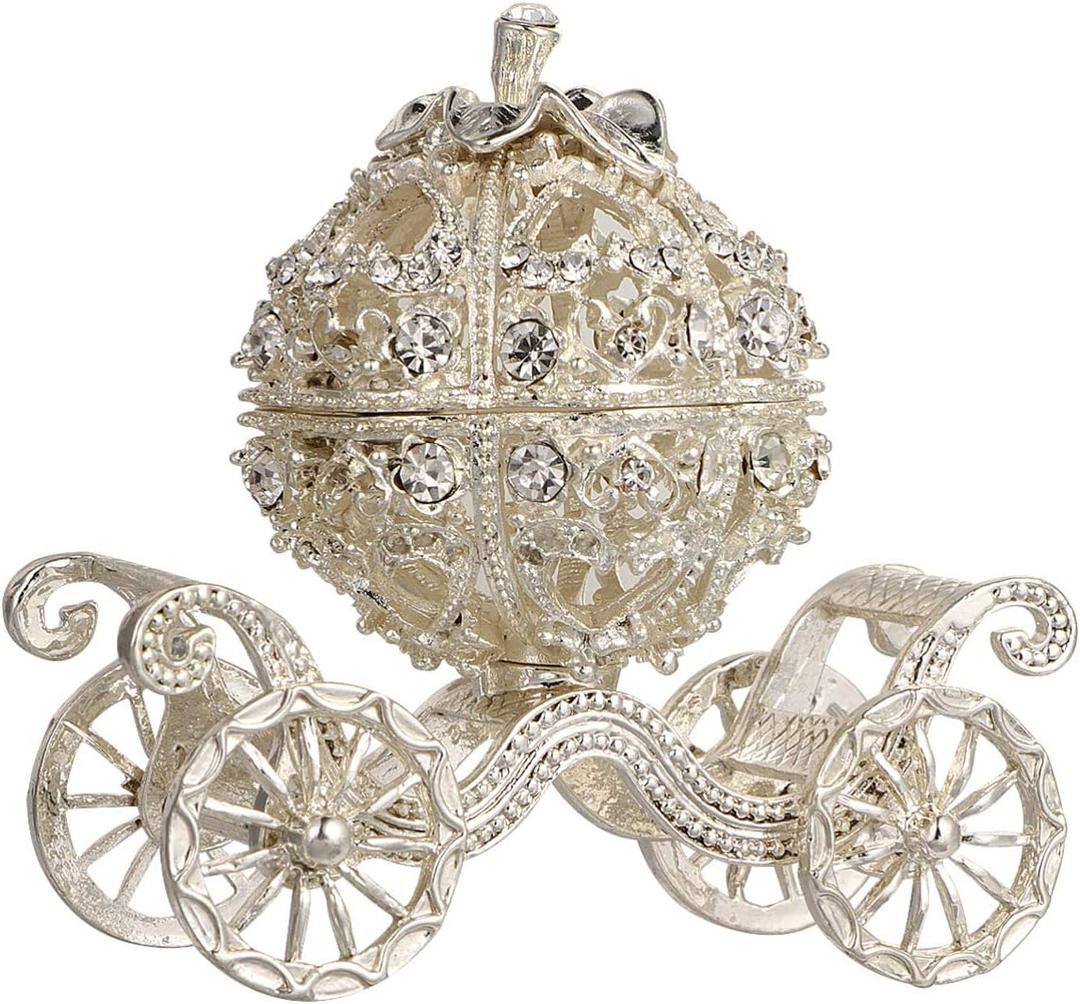 TOYANDONA Silver Vintage Rhinestone Pumpkin Carriage Trinket Box, Sparkling Diamond Ornaments Organizer Box for Home Wedding Decor