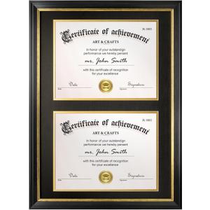 Yaetm Double Diploma Frame 14x20 with Mat for Two 8.5x11 Certificates/Degrees, Shatter-Resistant Real Glass, Acid-Free Black and Gold Mats, Black with Gold Rim Dual Diploma Frame for Graduation