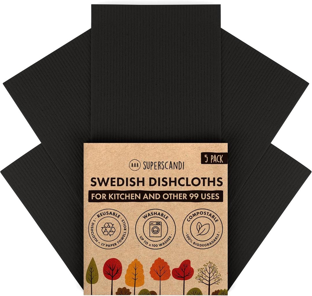 SUPERSCANDI 5 Pack Swedish Dishcloths for Kitchen - 100% Biodegradable & Compostable | Reusable Paper Towels Washable, Food-Safe & Without Plastic - Dish Rags Suitable for Any Surface | Premium, Black