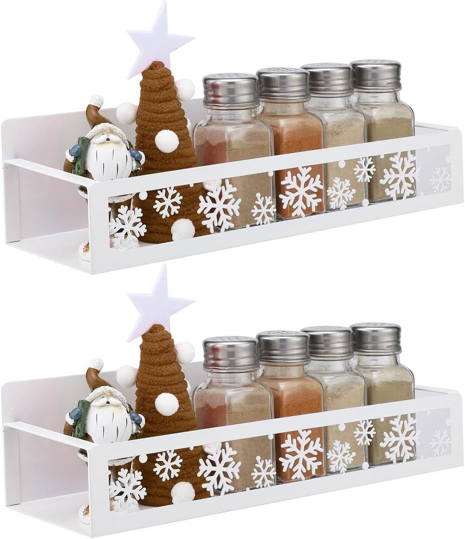 2 Pack Christmas Snowflake Magnetic Spice Rack for Refrigerator Metal Magnet Basket Shelf for Fridge Seasoning Storage Organizers Home Decor Christmas Kitchen Accessories (White)
