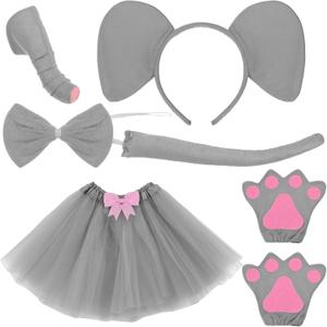 Newcotte 6 Pieces Elephant Costume Kids Set Include Grey Elephant Ears Headband Nose Tail Paws Bow Tie Tutu Skirt Halloween Animal Fancy Dress Costume Kit Party Cosplay Accessories for Birthday (Gray)