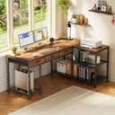 PRAISUN 55 Inch L Shaped Office Desk with Power Outlets and Type-C Port, Large Computer Gaming Desk with 3 Fabric Drawers, Mesh Shelves, Corner Study Work Writing Desk, Rustic Brown