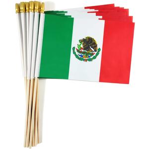 2 x QQSD Mexico Small Flag Mexican Stick Mini Hand Held Flags - Solid Wooden Pole with Spear Top, 12 Pack