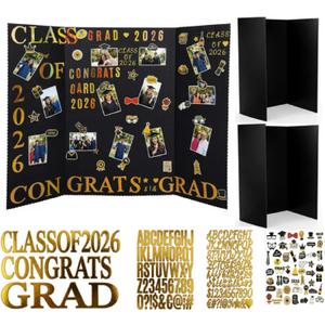 Harloon 2 Pack Black Graduation Photo Trifold Display Boards 36" X48" Graduation Photo Collage Board 9 Sheet Alphabet 52 Grad Stickers Class of 2026 Picture Display for Multiple Pictures Table Decor