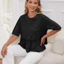 Women Summer Short Sleeve T-Shirts Oversized Dressy Casual Work Blouses Cropped Cute Ruffle Babydoll Peplum Tops (Black, L)