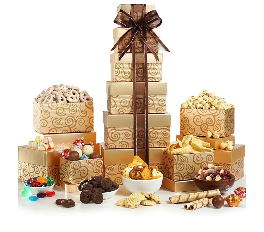 Broadway Basketeers Festive Gift Basket Tower – Gourmet Food Gifts with Chocolates, Cookies, Snacks & Treats - Christmas Gift Tower for Celebration, Birthday, Corporate & Thank You Occasions, Best By: End Jan 026