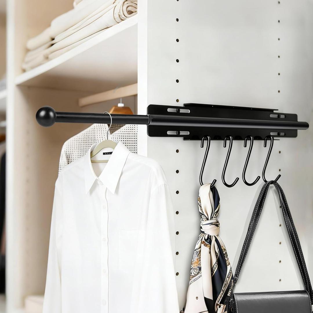 13" Valet Rod for Closet Pull Out with 4 Hooks, Retractable Valet Rod for Bedroom, Laundry Room, Bathroom(Black)