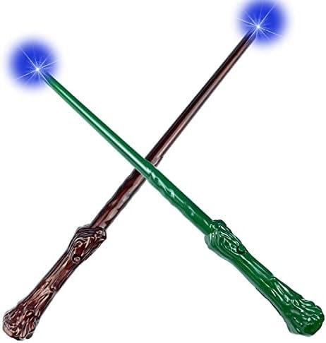 Light Up Magic Wand for Kids Sound Wizard Pack Of 2 Witch Illuminating Toy Brown Green