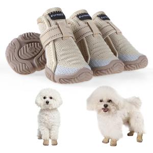 Dog Shoes for Small Dogs, Breathable Puppy Dog Boots & Paw Protectors for Summer Hot Pavement Winter Snow, Dog Booties with Reflective Strips, Anti-Slip Sole for Hardwood Floors (Beige-Size2) (Size2: 1.6" x 1.4" (L*W))