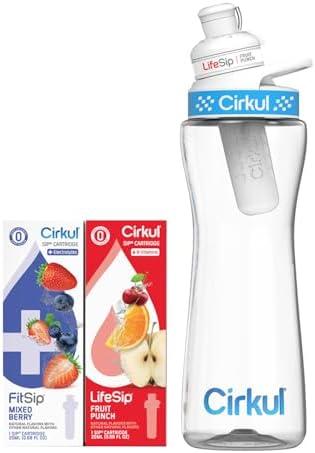Cirkul 22oz. BPA-Free Plastic Water Bottle Starter Kit with Blue Lid, 2 Flavor Cartridges (1 LifeSip Fruit Punch, 1 FitSip Mixed Berry) Zero Calories and No Sugar