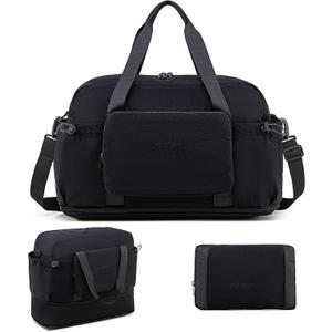 Foldable & Expandable Personal Item Travel Bag for Women & MenWaterproof with Wet-Dry Compartment & Luggage Sleeve, Convertible Crossbody Tote Ideal for Gym & 3-Day Trips (Black)