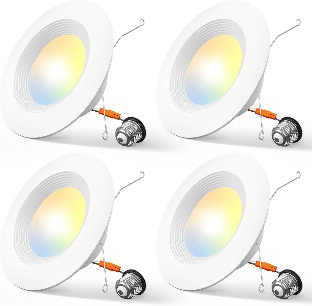 Amico 4 Pack 5/6 inch 5CCT LED Recessed Lighting, Dimmable, 12.5W=100W, 950LM, 2700K/3000K/4000K/5000K/6000K Selectable, Retrofit Can Lights with Baffle Trim, IC Rated - ETL & FCC, White