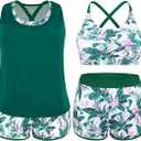 NIeyook Women Plus Size 3 Piece Tankini Swimsuits Athletic Bathing Suits with Boy Shorts Tank Top with Sports Bra, Green Leaf 26 W