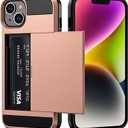 Vofolen for iPhone 14 Case Wallet Credit Card Holder ID Slot Sliding Door Hidden Pocket Men Women Anti-Scratch Dual Layer Hybrid Bumper Armor Protective Shell Back Cover for iPhone 14 6.1" Rose Gold