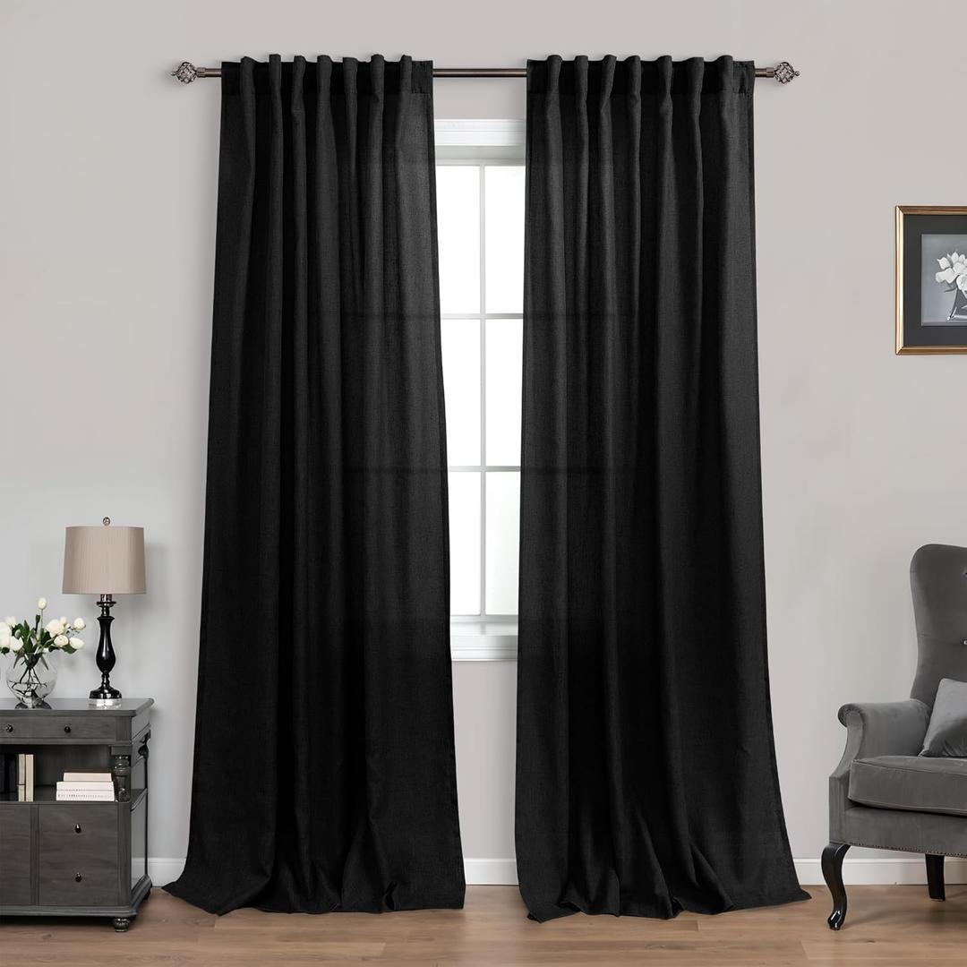Black Curtains 84 Inches Long for Living Room,Light Filtering Semi Sheer Gothic Halloween Boho Farmhouse Linen Curtain Drapes 84 Inch Length 2 Panels Set for Bedroom,Moody Mid Century Modern Decor
