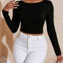 Verdusa Women's Crisscross Tied Backless Long Sleeve Tee T Shirt Top Black Medium