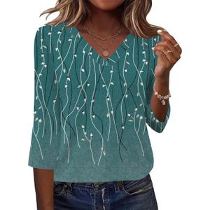 AKEWEI 3/4 Length Sleeve Womens Tops V Neck T Shirts Dressy Casual Pleated Spring Fashion 2026 Work Blouses (XX-Large, Blue Wicker)