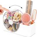 Hair Accessories Organizer with 5-Section Rotating Case, 2-Slot Comb & Hair Brush Holder, Cute Bathroom Vanity Caddy for Hair Tiles, Clips, Scrunchies, Other Accessories, Girls Vanity Dcor (White)