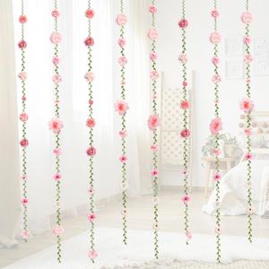 6 PCS Artificial Rose Flowers Hanging Decorations, Flower Hanging Garland Banner for Wedding Party Background Birthday Anniversary Arch Decor (Green Leaves)
