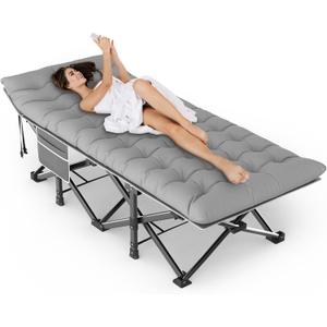 ZENPETIO Camping Cots for Adults, Portable Folding Sleeping Cot with Carry Bag, 1200D Double Layer Oxford Ultra Soft Cot Bed with Mattress, Tent Cot for Travel Office Hospital, Support 500lbs, Gray (Grey Frame + Grey Pad)