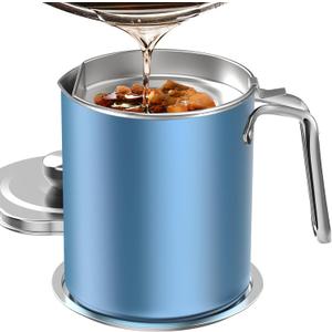 Chihee Stainless Steel Bacon Grease Saver - 2L / 67.6 fl oz Oil Container with Fine Mesh Strainer and Non-slip Tray for Kitchen Storing Frying Cooking Grease (Azure)
