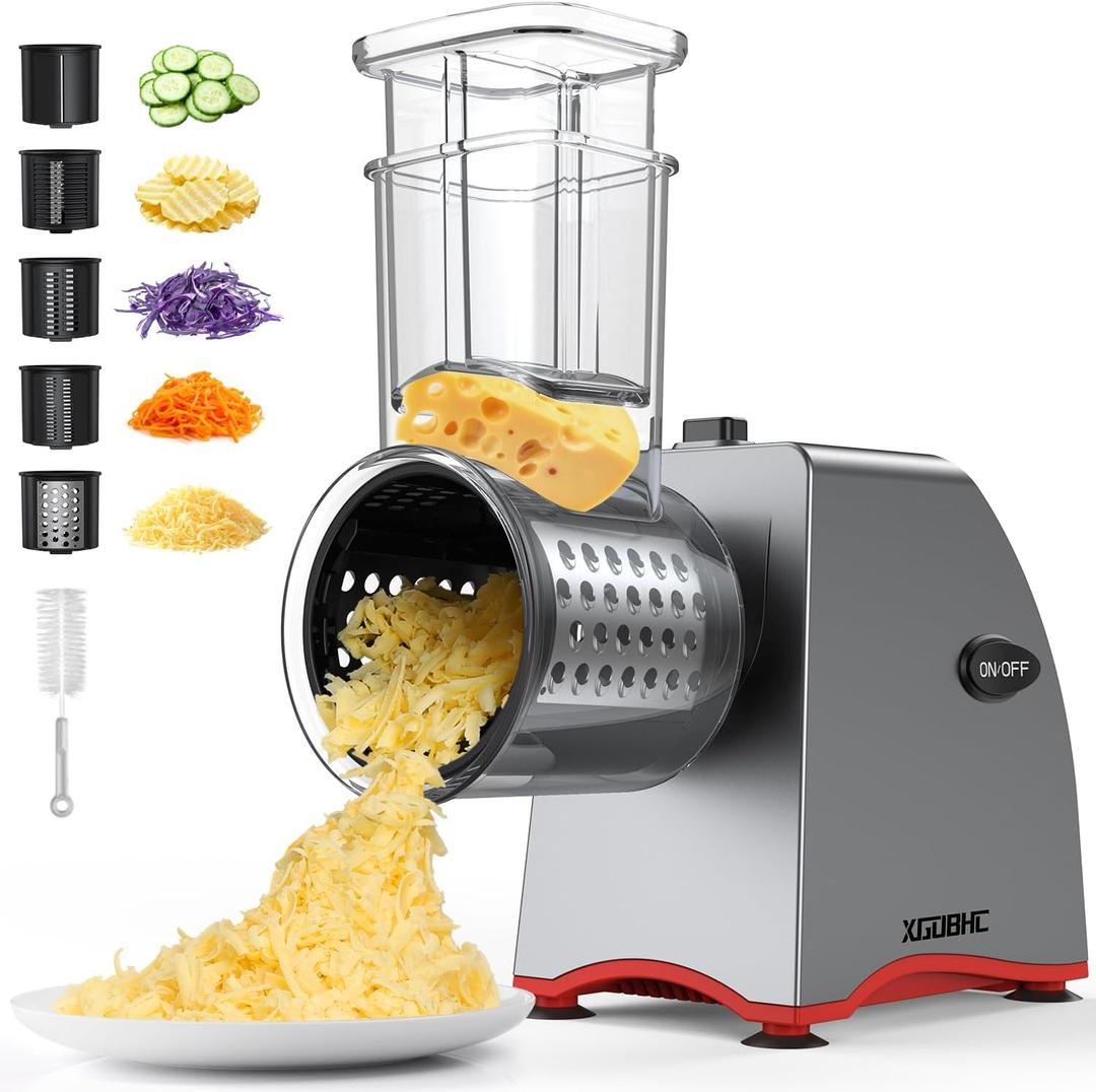 Electric Cheese Grater, Salad Maker with 5 Replaceable Multi-use Blades, 250W Electric Cheese Shredder, One-Touch Kitchen Slicer Salad Machine for Vegetables, Fruits, Cheeses, Nuts (A-Space silver)
