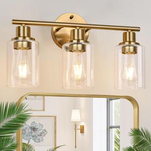 3-Light Gold Bathroom Light Fixtures, Modern Bathroom Vanity Light with Clear Glass Shade, Brushed Gold Bath Wall Mount Lights, Wall Lamp for Mirror Kitchen Bedroom Hallway Living Room Hallway