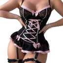 Mixxmix Lingerie Sets for Women Sexy Rave Outfits Lace Up Corset Bodysuit with Garter 2 Piece (Medium, Black)