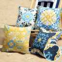 Phantoscope Set of 4 Outdoor Waterproof Throw Decorative Pillow Cover Geometric Boho Farmhouse Outdoor Pillows Cushion Case for Patio Furnitures Tent Sunbrella, Blue and Yellow 17x17 Inches